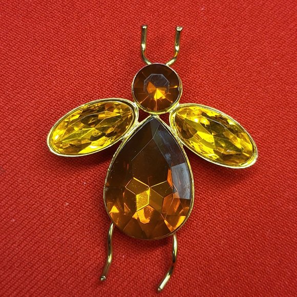 Jewelry - VTG Bee Brooch Lucite Citrine Topaz Orange Golden Yellow Faceted Large Insect Cr